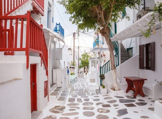 Aerial shot of Mykonos town’s iconic Cycladic architecture and coastline